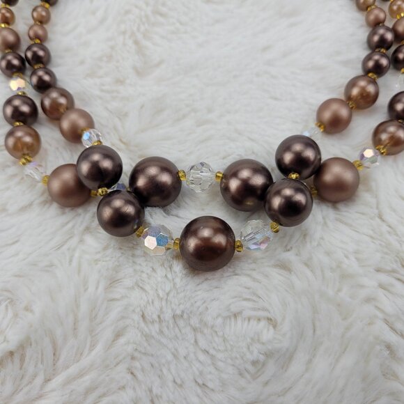 1970s Vintage Necklace with Double Strand of Brown Beads and Crystals - Picture 3 of 6